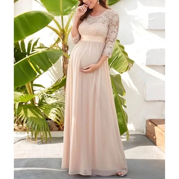 Belted high waist lace panel maxi dress deals